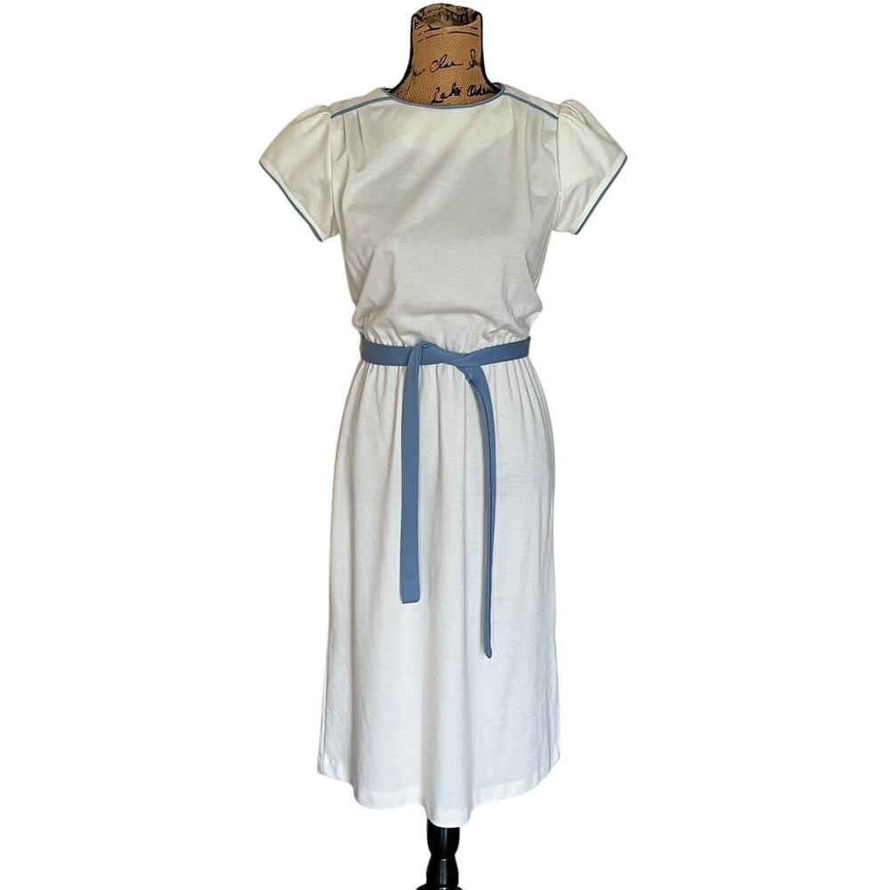 Vintage 70s 80s Cream Blue Cotton Short Sleeve A-Line Midi Dress Women’s XS/S